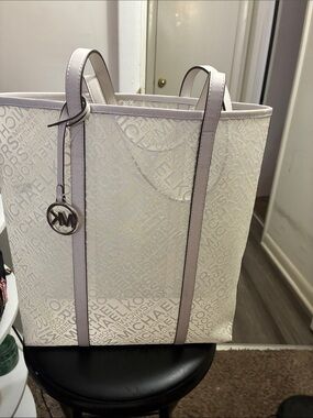 Michael Kors White Tote with Lilac Trim and MK Charm